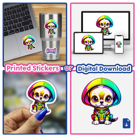 Collage depicting Cute Puppy From Outer Space sticker, featuring a cartoon dog in a colorful outfit, shown on a laptop and held in a hand, available at Decal Venue.