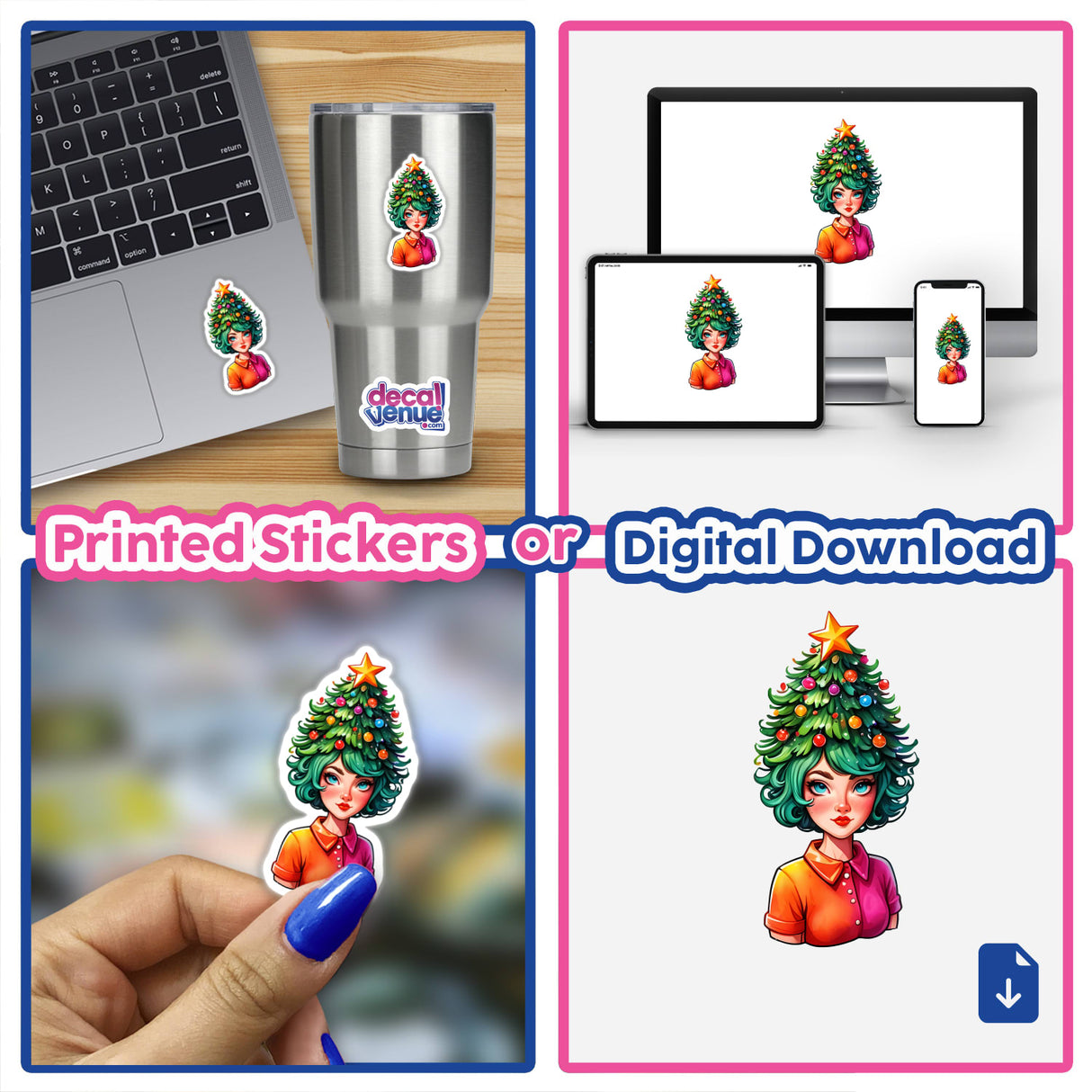 Sticker Design: Christmas Tree Lady with a Festive Xmas Tree Hat, featuring a cartoon woman wearing a Christmas tree as a whimsical hat, shown on a laptop and close-up images.