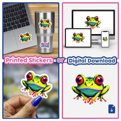 A Colorful Jungle Frog sticker displayed on various surfaces, including a laptop and cup, showcasing Decal Venue's unique sticker and digital art offerings.