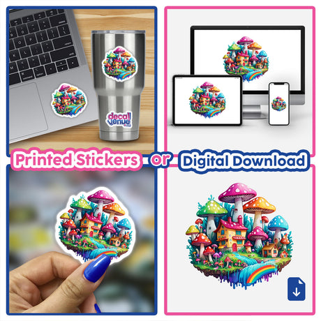 Collage showing Mushroom Village: Psychedelic Floral Splash stickers on laptops, cups, and phones, featuring whimsical mushroom houses and vibrant designs, available as stickers or digital artwork.