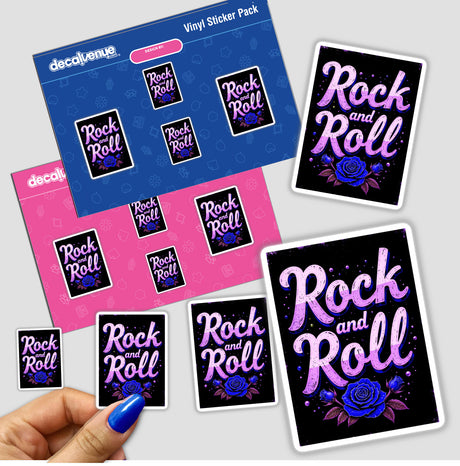 Hand holding a Rock And Roll Roses sticker pack, showcasing intricate graphic design elements, ideal for fans of unique stickers and digital art from Decal Venue.