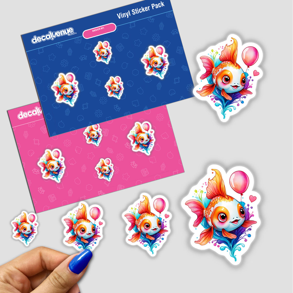 Balloon Goldfish: Cute Watercolor Vector Art Sticker features a hand placing a vibrant cartoon fish with a balloon sticker on a surface, showcasing whimsical aquatic-themed design.