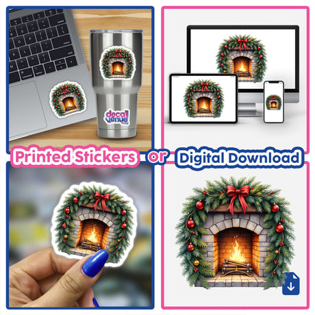 Cozy Fireplace in a Christmas Wreath sticker displayed on a laptop, showcasing intricate details of a fireplace adorned with a garland and red ornaments. Available as stickers or digital artwork.