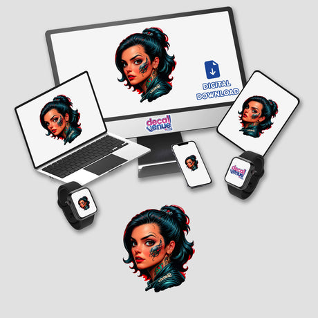 A computer monitor and laptop display 'A Pretty Biker Girl With Tattoos,' featuring a cartoon woman with facial tattoos, available as stickers or digital artwork from Decal Venue.