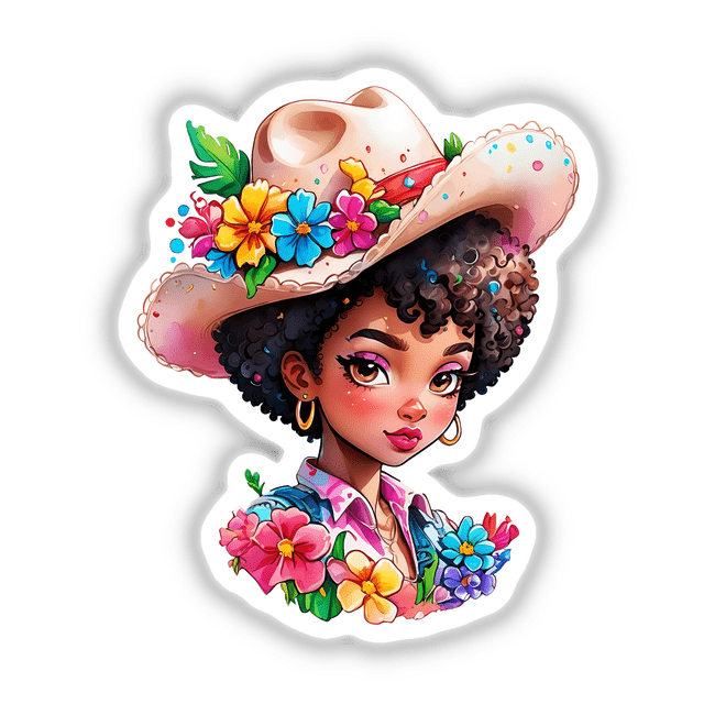 Adorable Afro Cowgirl Sticker - Stylish Kawaii Western-Inspired Design featuring a cartoon woman with flowers in her hat, highlighting expressive eyes and lips, available as stickers or digital artwork.