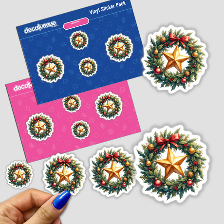 Sticker pack featuring the 'Sparkling Star Ornament in a Christmas Wreath,' showcasing intricate wreath designs and gold stars, available as stickers or digital artwork. A hand displays one sticker.