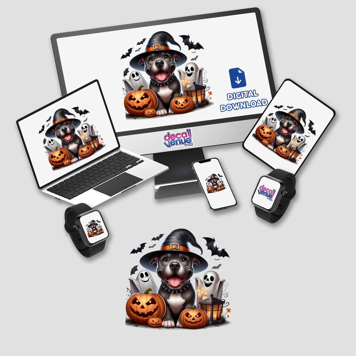 Playful Pitbull Witch with Friendly Ghosts on Halloween Decor and Digital Products