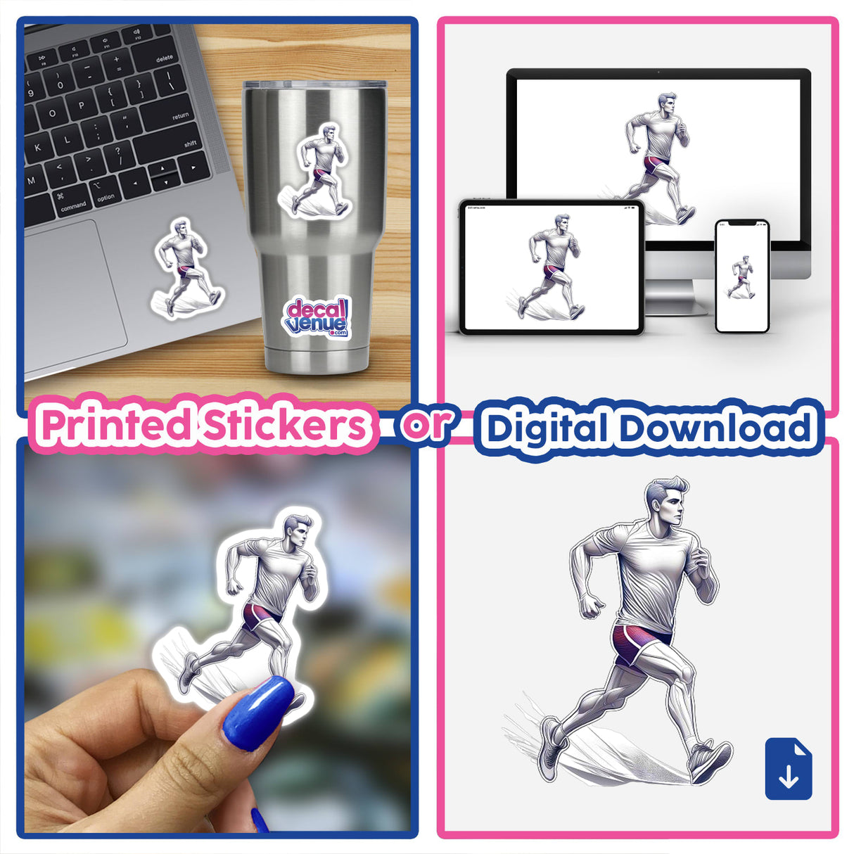 Man runner - Stylized digital artwork of a male runner, featuring a dynamic figure in motion. The product is available as printed stickers or a digital download, suitable for various uses like stickers, digital art, and more.