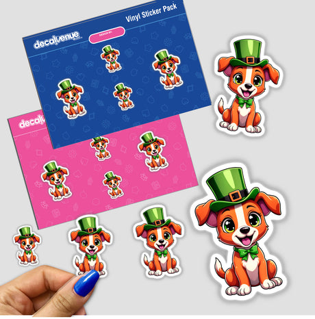 St. Patrick's Day Puppy stickers feature adorable cartoon dogs in green hats, perfect for festive decoration. Available as physical stickers or digital artwork from Decal Venue.