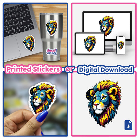 Collage featuring 'A Colorful Lion Head' sticker on various surfaces, including a laptop and cup. Available as stickers or digital artwork from Decal Venue.