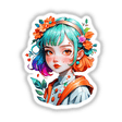 Eco-Friendly Girl in Haute Couture, Akira Style Surrealism sticker depicting a cartoon girl with colorful hair and flowers, emphasizing an orange eye in a vibrant, surreal art style.