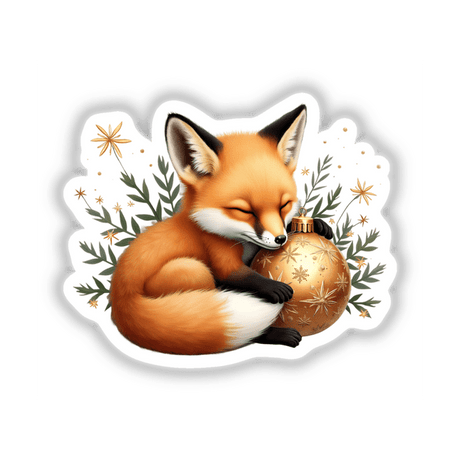 Baby Fox Sleeping on Christmas Ornament, depicted as a cute fox cradling a gold ornament. Available as stickers or digital artwork, ideal for adding charm to any setting.