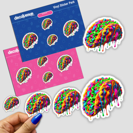 Neon Drip Taco – Psychedelic Food Art sticker pack featuring vibrant, surreal taco designs with melting paint effects. Available as stickers or digital artwork from Decal Venue for unique, artistic flair.