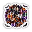 Colorful Halloween bow embellishment featuring bats and pumpkins on a white background.