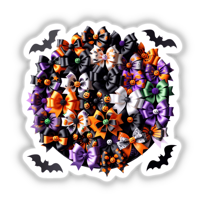 Colorful Halloween bow embellishment featuring bats and pumpkins on a white background.