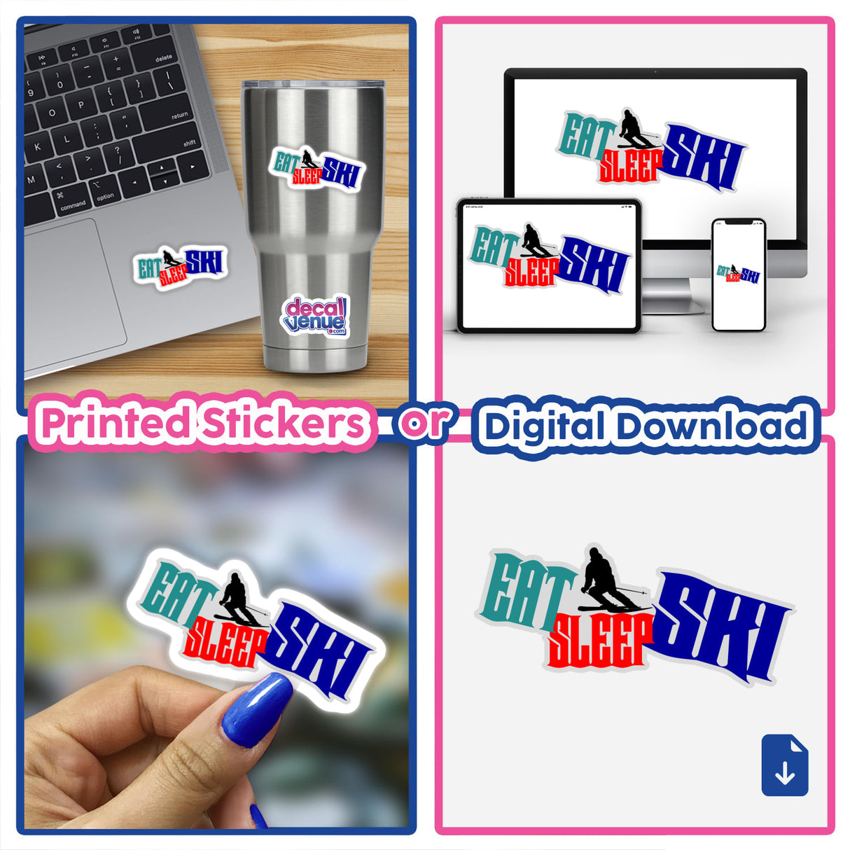 A collage featuring the Eat, Sleep, Ski decal, showing its design as both a sticker and digital artwork, with close-ups of application on a laptop and in a person's hand.