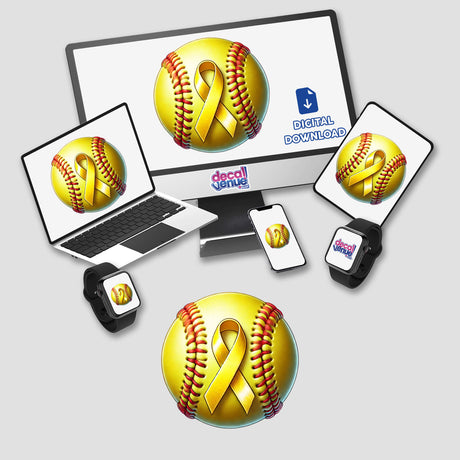 Yellow Ribbon Softball Childhood Cancer Awareness digital artwork displayed on a computer monitor and laptop, featuring softballs with yellow ribbons. Available as stickers or digital art from Decal Venue.