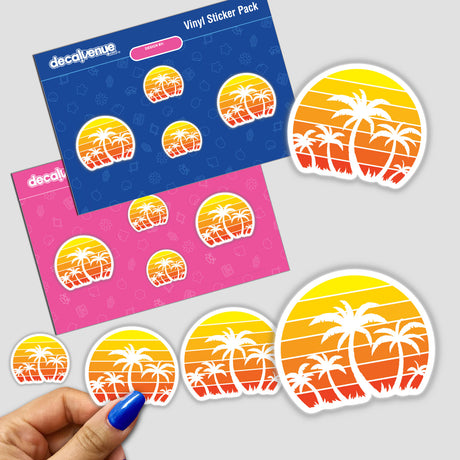 Hand holding a Retro Vintage Sunset And Palm Trees sticker pack, featuring designs of palm trees against a sunset backdrop, available as stickers or digital artwork.