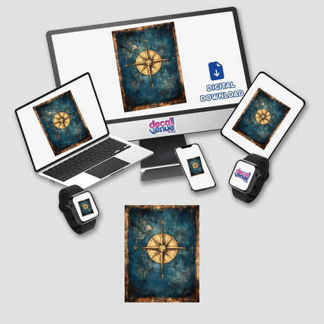 Compass Rose on Vintage World Map displayed on a laptop and monitor, available as stickers or digital artwork from Decal Venue.