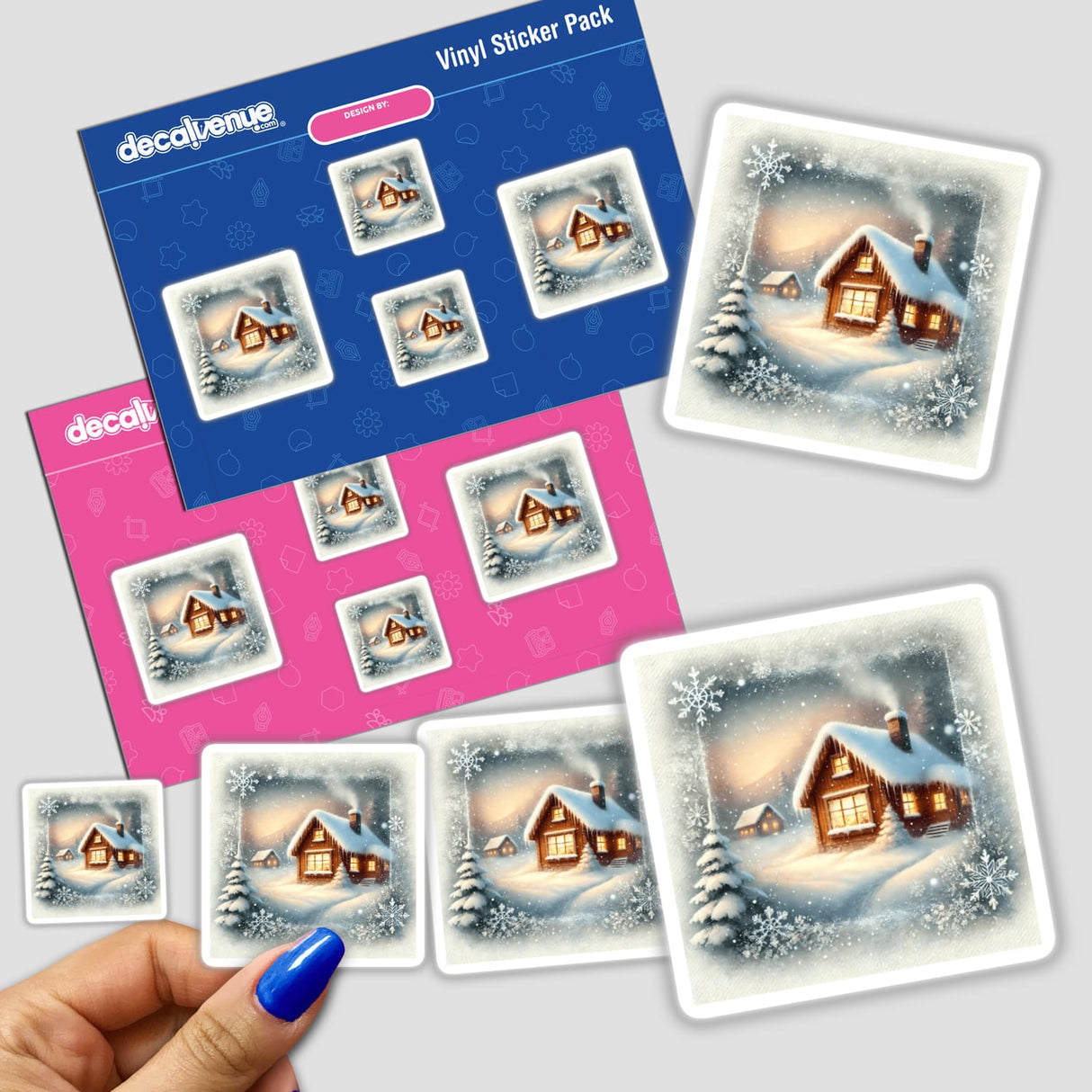 Snowy Window View - Cozy Cabin and Falling Snow Watercolor stickers depict a winter house with trees and snow, available as stickers or digital artwork.