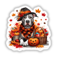 Autumn Fall Scene Pitbull Dog wearing a hat and scarf, surrounded by pumpkins and a basket, available as stickers or digital artwork from Decal Venue.