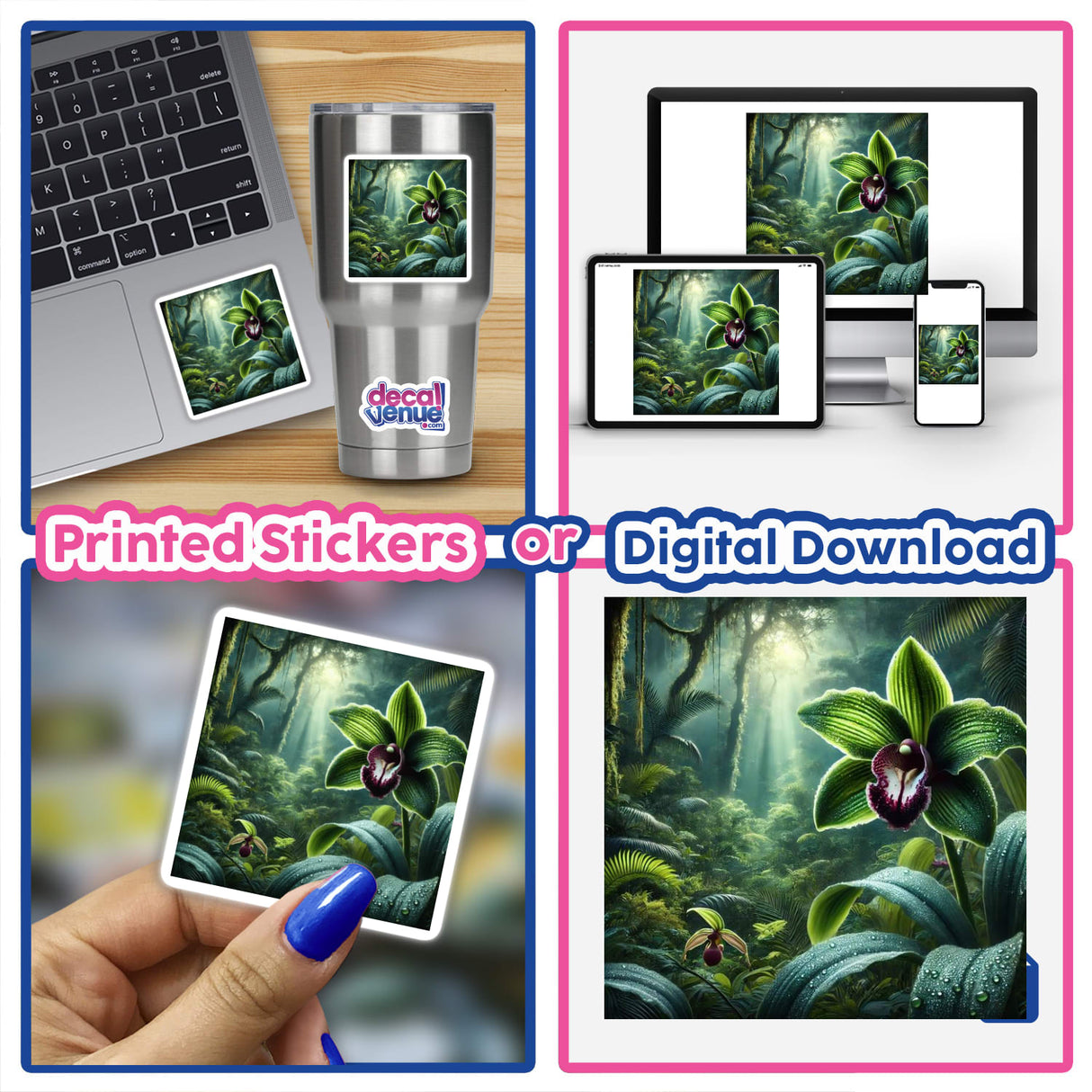 Emerald Orchid - Lush Rainforest Beauty collage showing plants, laptops, and close-ups of flowers, highlighting the vibrant essence available as stickers or digital artwork.