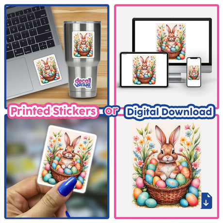 A collage featuring A Cute Easter Bunny In A Basket With Eggs, showcasing various depictions, available as stickers or digital artwork from Decal Venue.