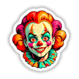 A cartoon illustration titled A Crazy Clown Girl, showcasing a whimsical clown face with exaggerated features, available as stickers or digital artwork from Decal Venue.