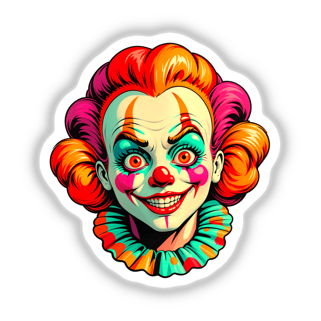 A cartoon illustration titled A Crazy Clown Girl, showcasing a whimsical clown face with exaggerated features, available as stickers or digital artwork from Decal Venue.