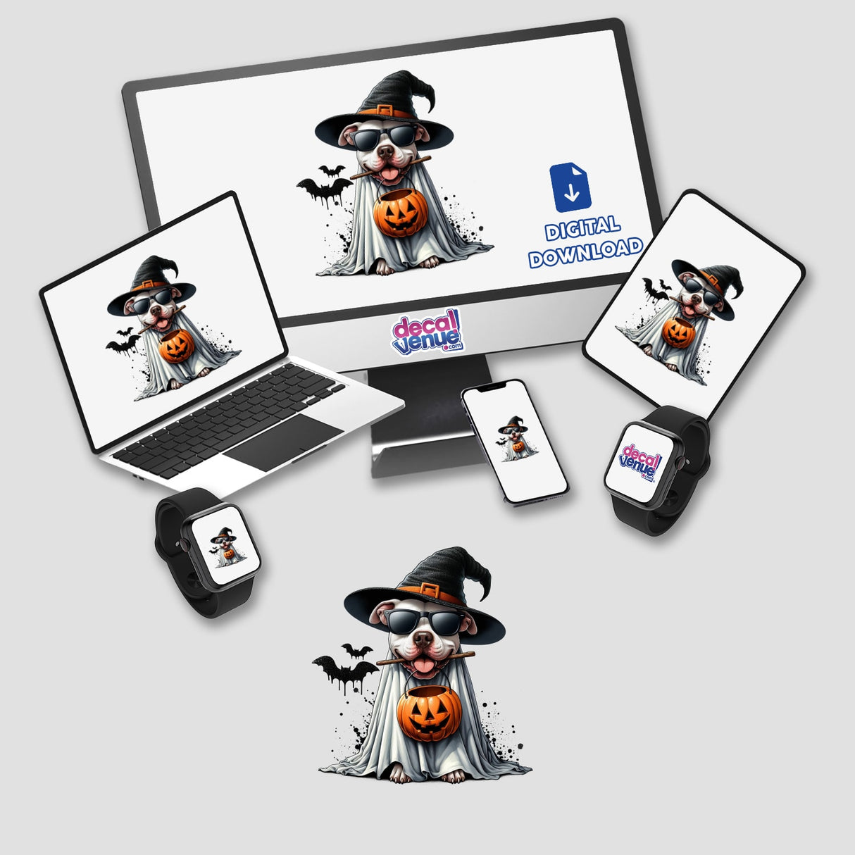 Witch Ghost Pitbull Dog w/ Stick and Halloween Bucket sticker, featuring a cartoon pitbull in a hat and sunglasses, displayed on a computer monitor and laptop.