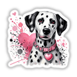 Dalmatian Dog Pink Heart Splatter design featuring a black and white Dalmatian dog with a pink heart on its neck, available as unique stickers or digital artwork.