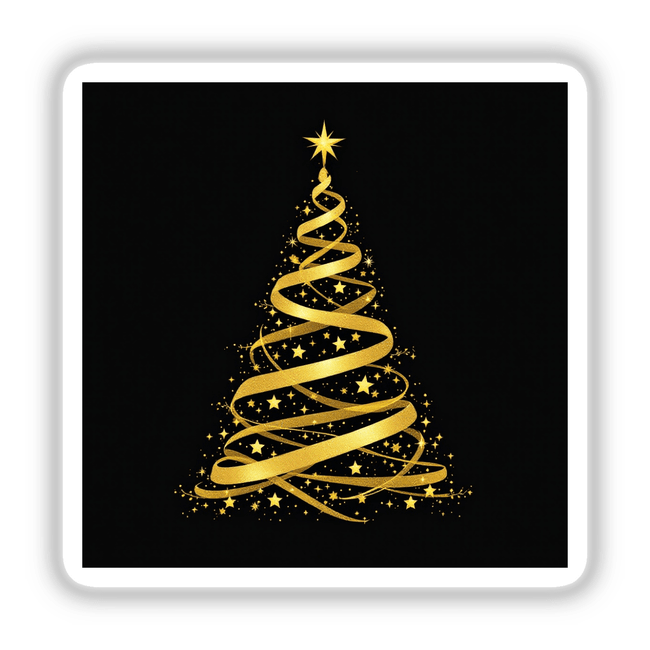 Gold Ribbon Christmas Tree design featuring a stylized golden tree with stars, available as unique stickers or digital artwork, reflecting Decal Venue's creative and festive product offerings.