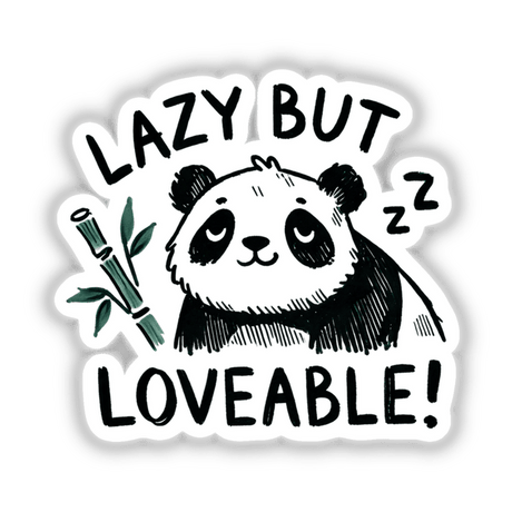 Panda Lazy But Lovable sticker featuring a black and white cartoon panda holding bamboo, available as stickers or digital artwork.