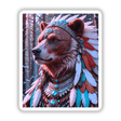 Native American Warrior Bear: A bear adorned with a feather headdress, offered as unique vinyl stickers or digital artwork.