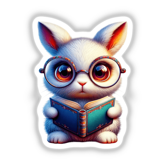 Cartoon of a bunny rabbit with reading glasses holding an open book, available as stickers or digital artwork titled Bunny Rabbit With Reading Glasses Open Book from Decal Venue.