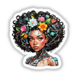 Afro-Tech Fusion: Sticker Design of an Afro Portrait with Wires and Cables, featuring a woman with flowers in her hair, blending natural and technological elements.