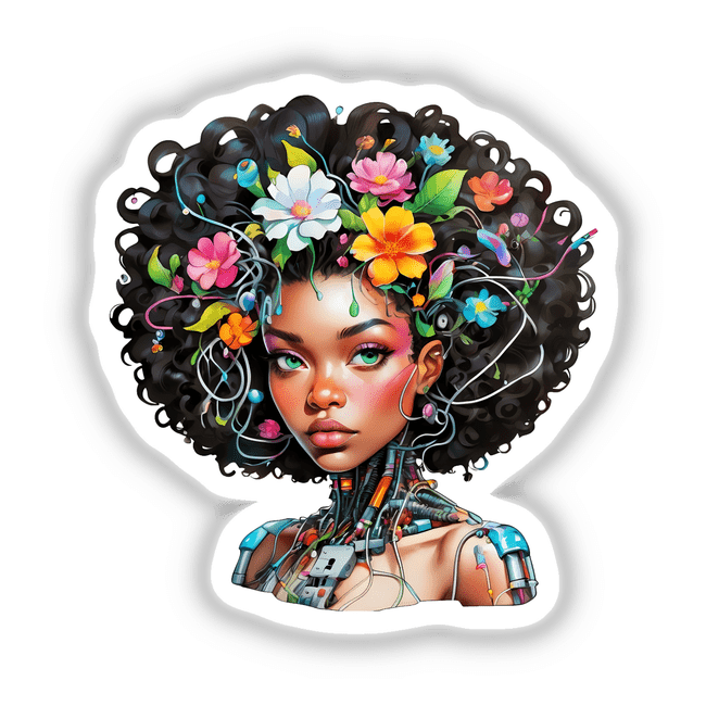 Afro-Tech Fusion: Sticker Design of an Afro Portrait with Wires and Cables, featuring a woman with flowers in her hair, blending natural and technological elements.