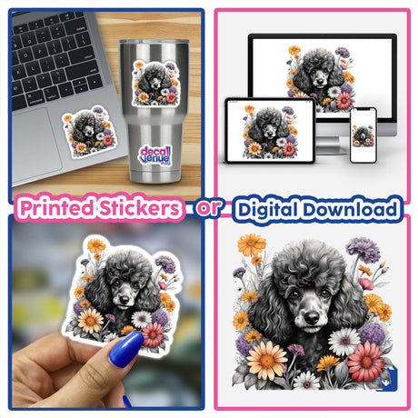 Black Poodle Dog Portrait Floral Accents PA34