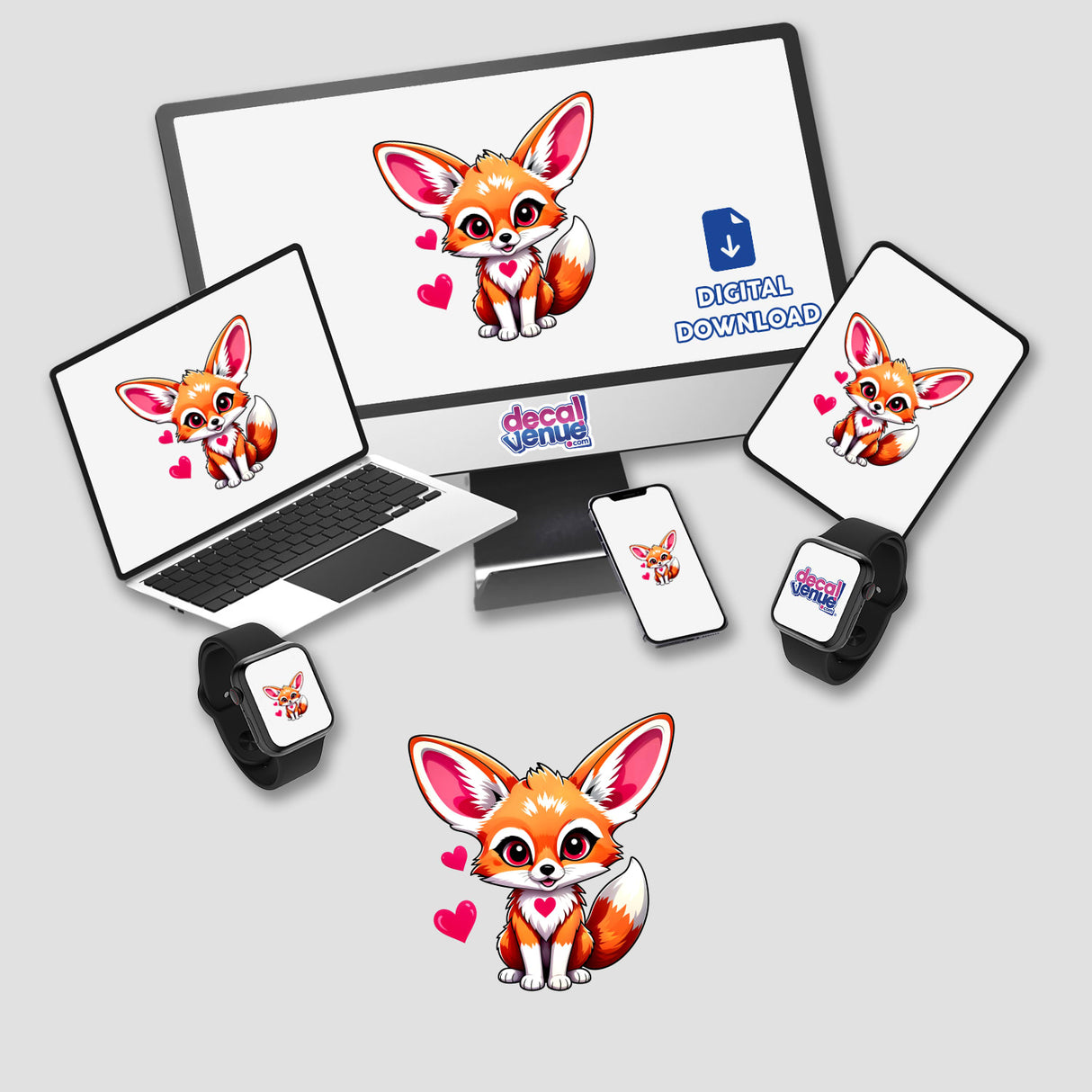 A Cute Fennec Fox With Love Hearts displayed on a computer monitor and laptop, highlighting its availability as stickers or digital artwork, emphasizing unique designs from Decal Venue.