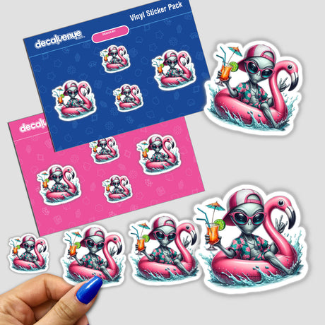 Tropical Alien Enjoying Drink on Flamingo Float sticker showcases a cartoon alien lounging in a flamingo float, wearing sunglasses and a hat, holding a drink. Ideal for vinyl sticker enthusiasts.