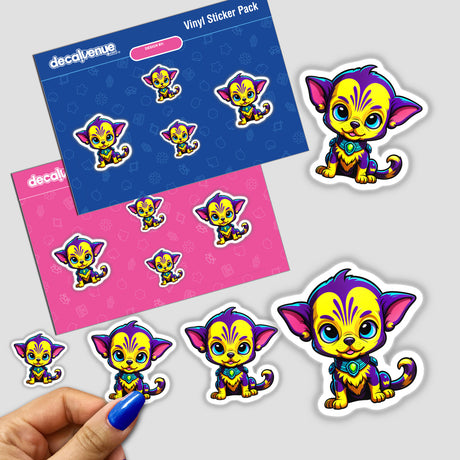 Stickers featuring Cute Puppy From Outer Space with various cartoon dogs, including a close-up of a sticker being held by a finger. Available as stickers or digital artwork from Decal Venue.