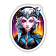 An Evil Queen Anime Girl illustration featuring a regal woman with a crown, blue eyes, and purple makeup, available as stickers or digital artwork from Decal Venue.