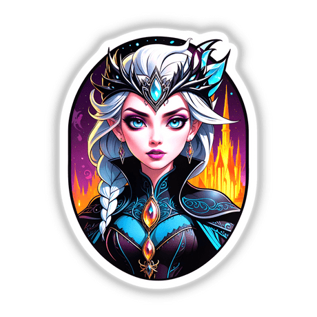 An Evil Queen Anime Girl illustration featuring a regal woman with a crown, blue eyes, and purple makeup, available as stickers or digital artwork from Decal Venue.