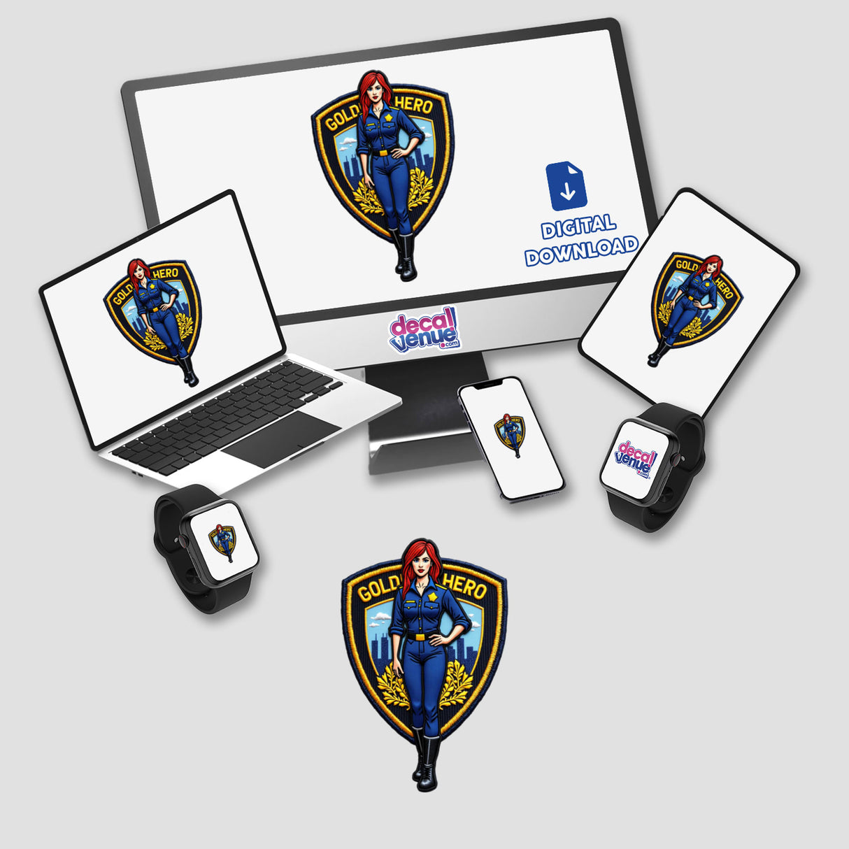 0010 - GOLD HERO digital artwork featuring a cartoon character in a blue uniform displayed on various devices like a computer monitor, laptop, and smartwatch. Available as stickers or digital art.