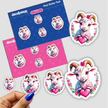 Stickers featuring a cute goat with a bow, bright pink eyes, and a sparkly heart, perfect for Valentine's Day.