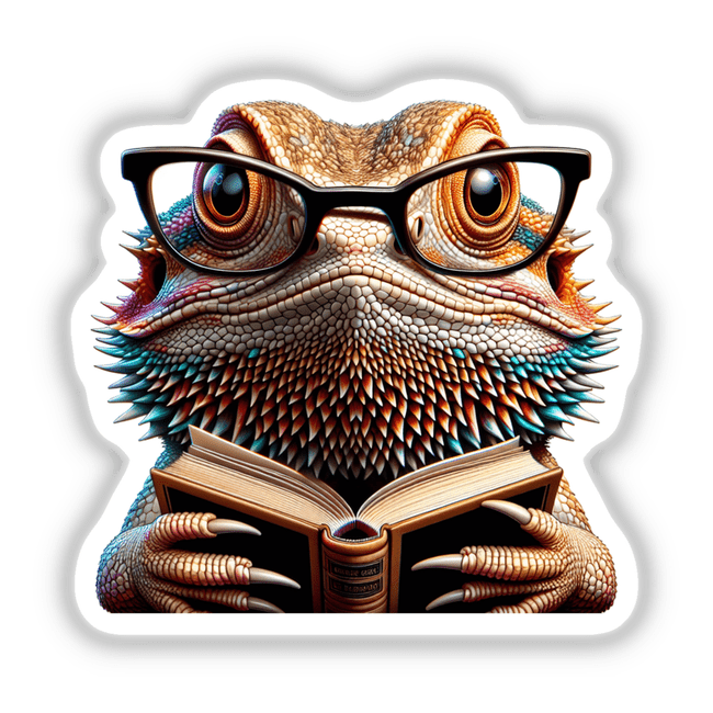 Bearded Dragon With Reading Glasses Open Book illustration, featuring a cartoon lizard engrossed in a book. Available as stickers or digital artwork, perfect for unique decor from Decal Venue.