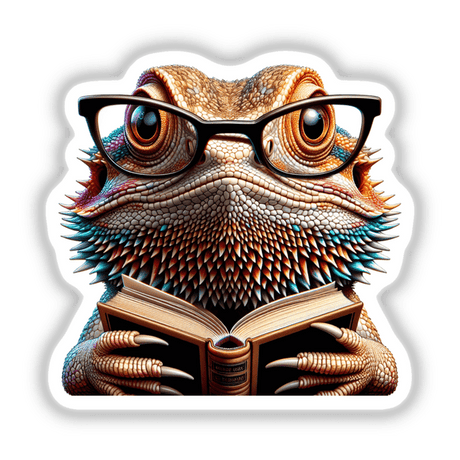 Bearded Dragon With Reading Glasses Open Book illustration, featuring a cartoon lizard engrossed in a book. Available as stickers or digital artwork, perfect for unique decor from Decal Venue.