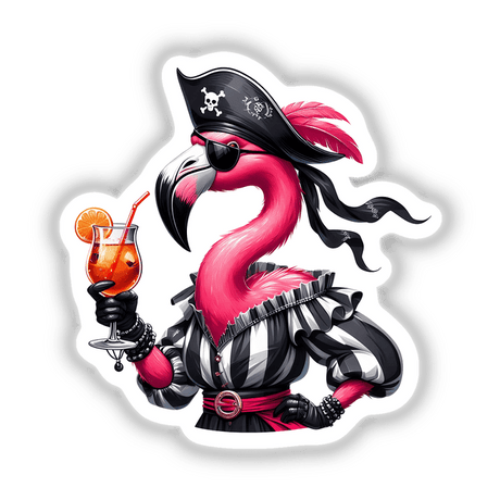 Vibrant pirate flamingo with cocktail sticker or digital download