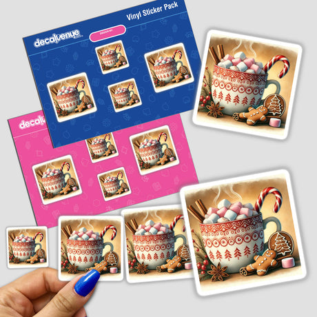 Festive Hot Cocoa - Warm Mug with Marshmallows Watercolor features a cozy cup of hot chocolate topped with marshmallows, candy canes, and gingerbread cookies, available as stickers or digital artwork.