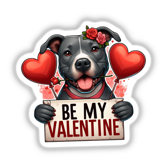 Pitbull Be My Valentine sticker features a cartoon dog holding a heart-shaped balloon and sign, ideal for expressing love. Available as stickers or digital artwork from Decal Venue.